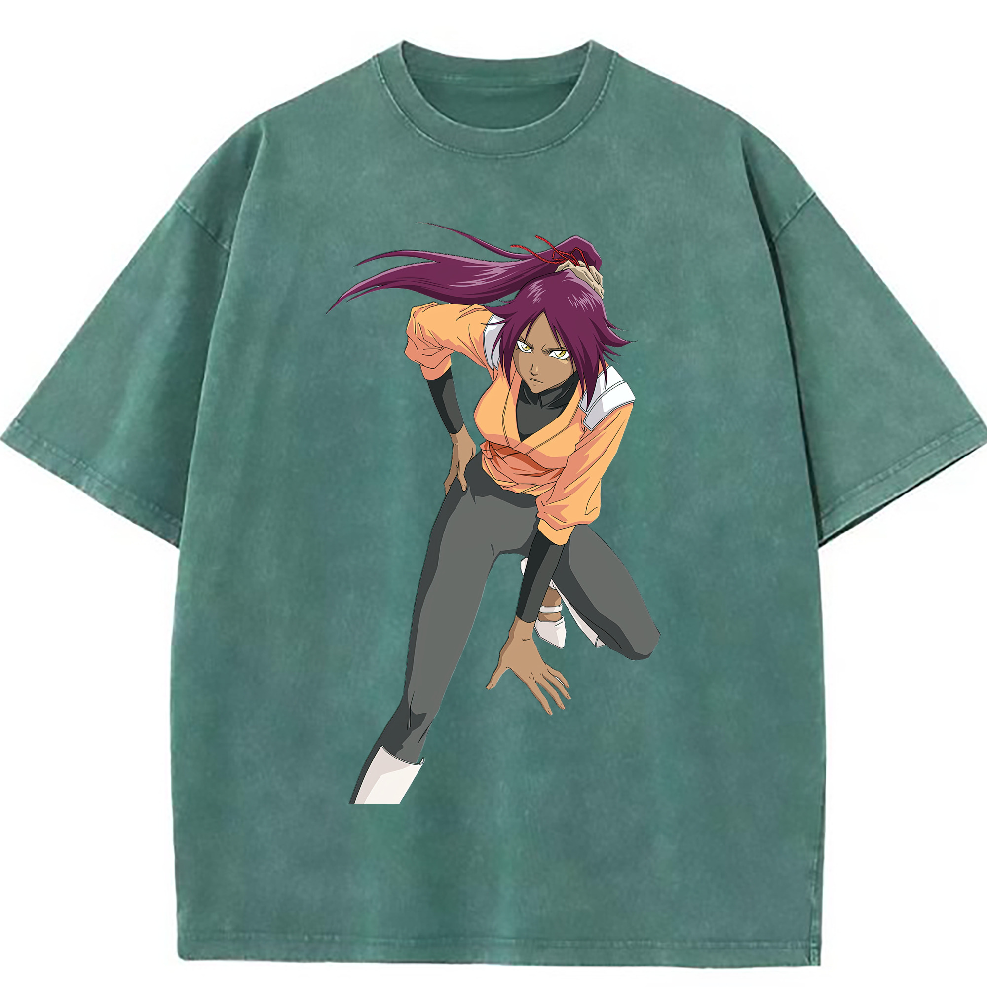 （画像用） ブリーチ 四楓院 夜一（しほういん よるいち） BLEACH Shihouin Yoruichi 綿100% ヴィンテージ風 半袖Tシャツ（フロントプリント）